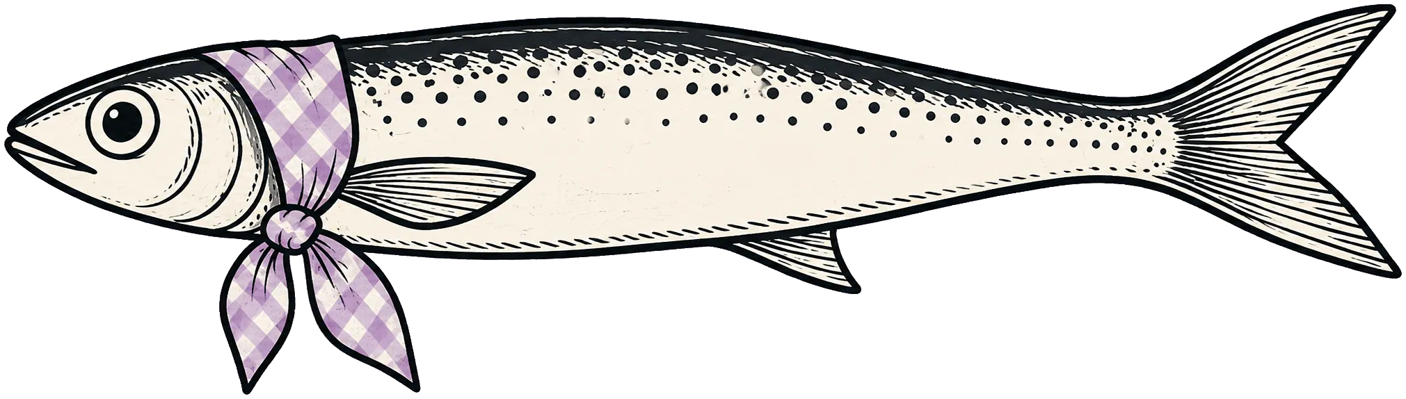 Illustration of a sardine wearing a lavender gingham bandana